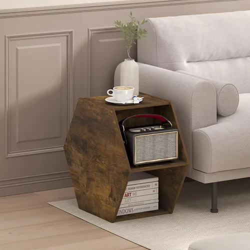 Vista 2 de Furinno - Mesa de café de diseño simple, mesa de café moderna hexagonal con estante abierto, mesa auxiliar vertical u horizontal, para sala de Pino