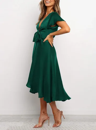 Vista 4 de miduo - Vestido largo de satén con cuello en V, volantes, manga corta, lazo frontal, cintura alta, longitud por debajo de la rodilla y acampanado