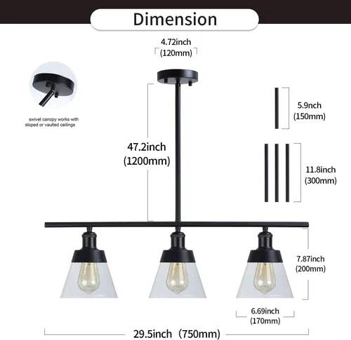 Vista 4 de Fivess Lighting Iluminación de Isla de Cocina Estilo Granja Negro de 3 Luces, Candelabro Lineal de Vidrio Texturizado Transparente, Varillas