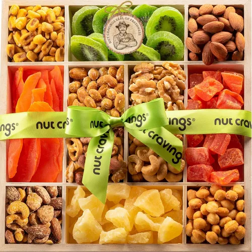Vista 12 de NUT CRAVINGS - Cesta de regalo con arreglo floral de frutas secas navideñas en cesta de regalo de madera en forma de manzana + bandeja (9 surtido)