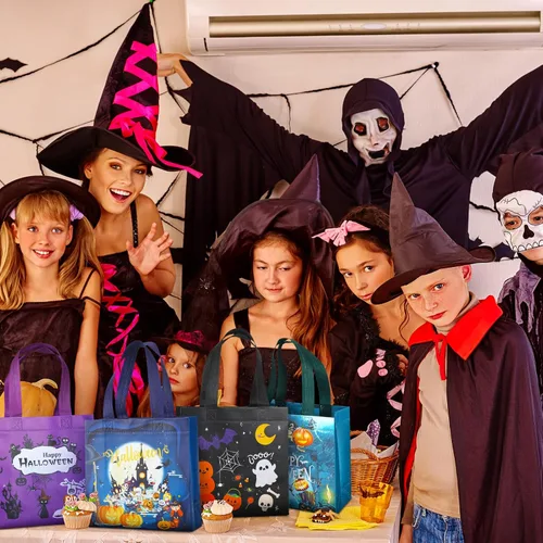 Vista 6 de Sweetude 50 bolsas de Halloween para dulce o truco, bolsas de regalo de Halloween a granel con asas para fiesta, reutilizables, bolsa de dulces