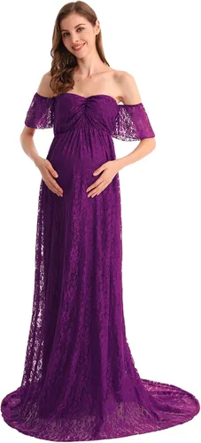 Vista 3 de AYMENII Vestido largo de maternidad con hombros descubiertos y mangas con volantes y encaje para sesión de fotos, boda, noche, baby shower