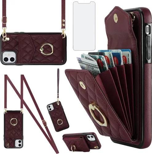 Vista 10 de Asuwish Funda de teléfono para iPhone 12 Mini 5.4 con protector de pantalla de vidrio templado y correa para la muñeca, bloqueo RFID, tarjetero