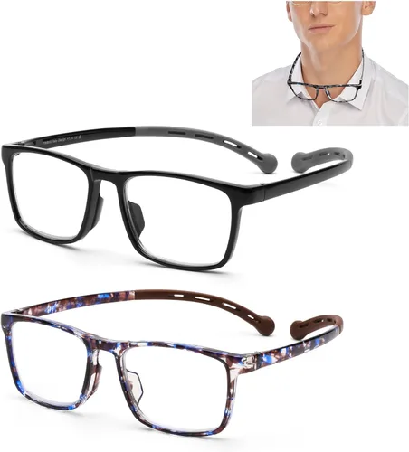 Vista 7 de AQWANO Paquete de 2 lentes de lectura colgantes para el cuello para mujeres y hombres, estilo deportivo, duraderos, flexibles, TR90, ultra ligeros