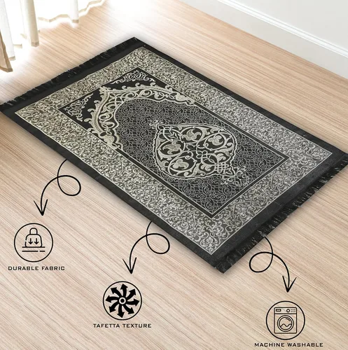 Vista 3 de Alfombra de oración musulmana con cuentas de oración, sombrero kufi para hombres y mujeres, 100% transpirable, gorro de calavera negra, tapete