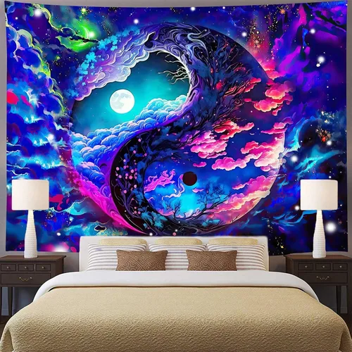 Vista 2 de Aidatain Tapiz de cielo colorido de fantasía, luna, nebulosa deslumbrante, Yin y Yang, tapiz de pared, grande de 80 x 60 pulgadas, tela de franela