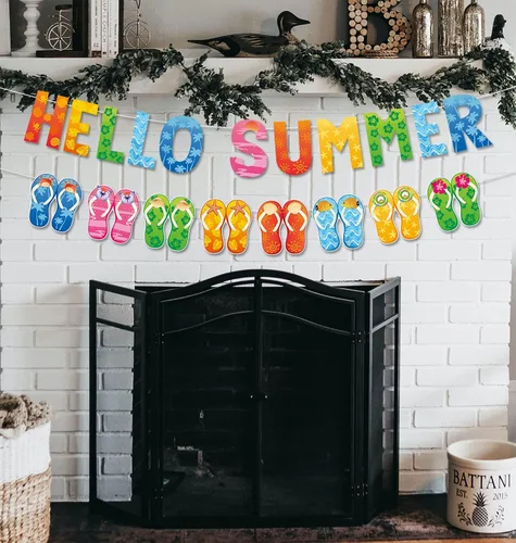 Vista 4 de Cartel de Hello Summer y colorido banner de verano hawaiano tropical playa piscina sandalias guirnalda banner verano vacaciones fiesta cumpleaños