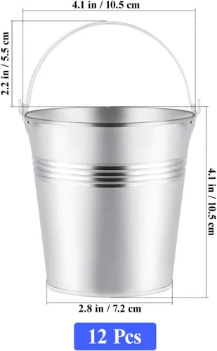 Vista 5 de Toyvian Mini cubos de metal con asas, 12 macetas de hojalata plateadas de 4 pulgadas para el aula, bolsas de regalo pequeñas, bolsas de regalo