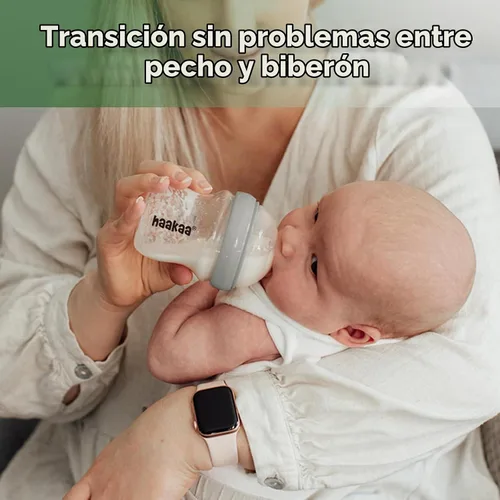 Vista 2 de haakaa Gen.3 Biberón de vidrio natural de 4.2 onzas líquidas, pezón de flujo lento anticólicos de cuello ancho para bebés amamantados de 0 meses Gris