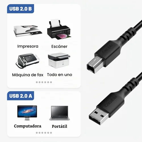 Vista 2 de Cable de impresora USB A a B de 2 pies, cable de impresora USB 2.0 de alta