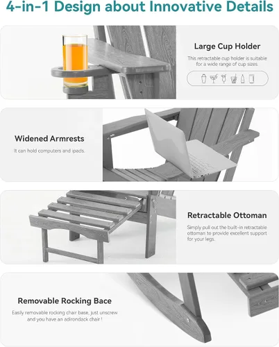 Vista 6 de Silla mecedora Adirondack ajustable con otomano retráctil, silla plegable multifuncional 4 en 1 para patio con portavasos, silla de exterior