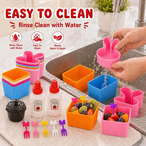 Vista 8 de Juego de 32 piezas de accesorios de caja Bento, divisores de silicona para lonchera, mini botella de ketchup, contenedor de aderezo para ensaladas