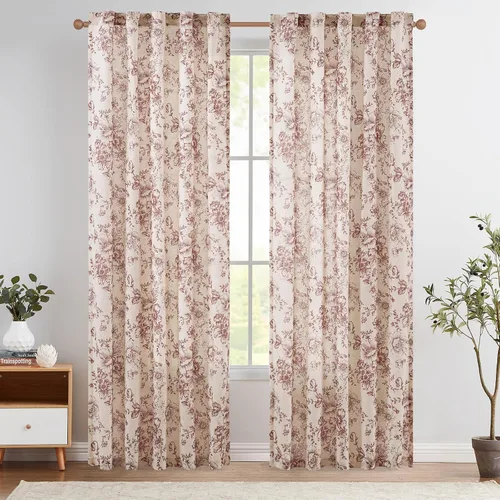 Vista 16 de Jinchan Cortinas de Mezcla de Lino con Estampado Floral para Sala de Estar, 84 Pulgadas de Largo, Cortinas con Bolsillo para Varilla y Tab Trasera