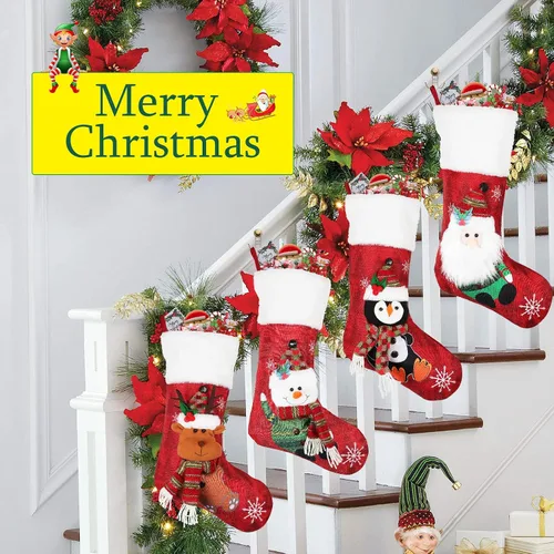 Vista 2 de COOLWUFAN Paquete de 4 medias de Navidad de 19 pulgadas con copo de nieve, Papá Noel, muñeco de nieve, reno, pingüino y felpa de piel sintética