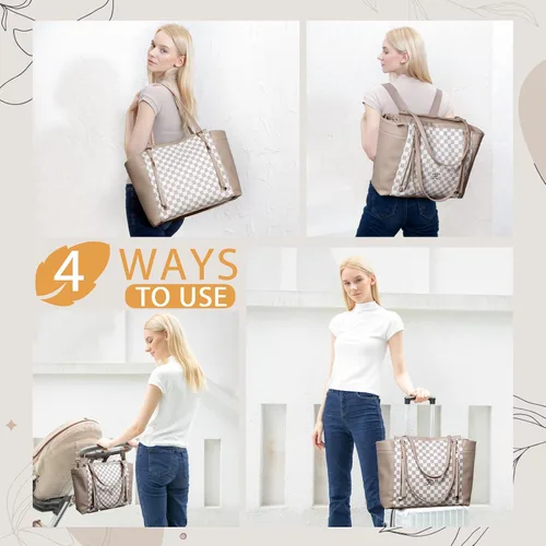 Vista 5 de miss fong Bolso de pañales de cuero con diseño a cuadros, mochila grande para mamá, bolsa hospitalaria de gran capacidad, 12 bolsillos, bolso