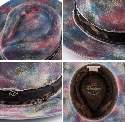 Vista 3 de RUEDIGER Sombreros Fedora de ala ancha para hombres y mujeres, 100% lana fieltro Panamá Rancher sombrero con logotipo de rayo desgastadoquemado