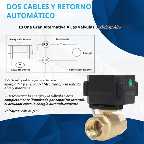 Vista 4 de Válvula de Bola Motorizada de Latón de 1/2" - Válvula de Agua Eléctrica de 2 Cables con Retorno Automático, Válvula de Bola Automática de 9-24V