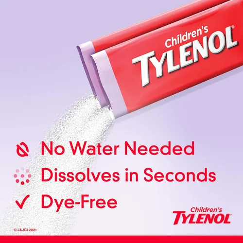 Vista 2 de Tylenol para niños en polvo con 160 miligramos de acetaminofeno, alivia el dolor y reduce la fiebre, paquetes de disolución para aliviar