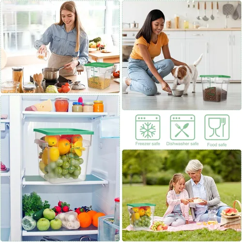 Vista 6 de Lallisa 4 recipientes transparentes de almacenamiento de alimentos de 8 cuartos y 4 cuartos con tapas asas y básculas, recipientes cuadrados de verde