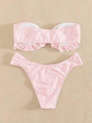 Vista 3 de WDIRARA Conjunto de bikini bandeau con nudo frontal y volantes para mujer, traje de baño de 2 piezas sin tirantes