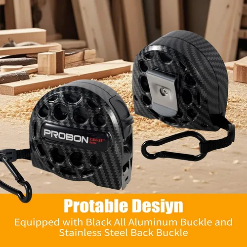 Vista 2 de Cinta métrica negra 25FT/7.5M de acero inoxidable con escala de doble cara, impermeable, retráctil, cinta de medición práctica para construcción