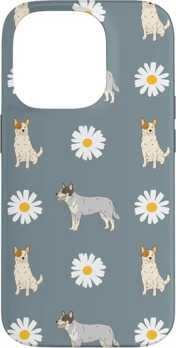 Vista 17 de Funda azul para iPhone 16 con diseño de perro Heeler y margarita azul polvoriento