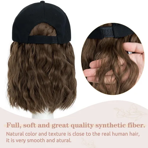 Vista 3 de S-noilite Peluca de gorra de béisbol con extensiones de cabello, 8 pulgadas, corta, rizada, ondulada, estilo Bob, peinado, ajustable, con cabello