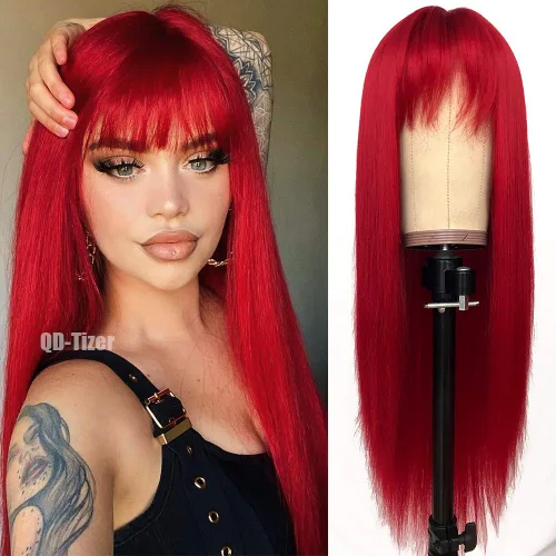 Vista 23 de QD-Tizer Pelucas sintéticas de color rubio ceniza con flequillo, pelucas de cabello largo y lacio, sin pegamento, pelucas sintéticas sin encaje