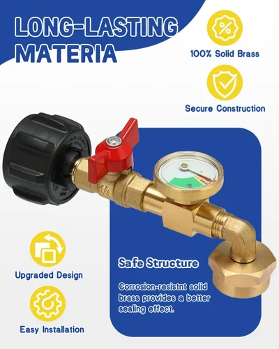Vista 5 de Adaptador de recarga de propano mejorado con válvula y medidor, para llenar botellas de 1 libra desde un tanque de 20 libras, se adapta a tanques