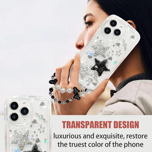 Vista 6 de Compatible con iPhone 11 Pro Funda Transparente Bonita con Diseño de Estrella con Purpurina en 3D con Perlas y Pulsera de Perlas, Diseño de Cadena