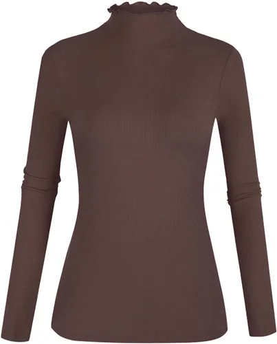 Vista 27 de POPZONE - Camiseta de manga larga con cuello alto falso, ajustada, de punto acanalado con ribete de lechuga para mujer