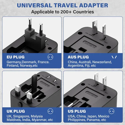 Vista 3 de Adaptador de enchufe de viaje con 2 USB A+1 USB C, adaptador de viaje universal todo en uno, convertidores de corriente, cargador de pared