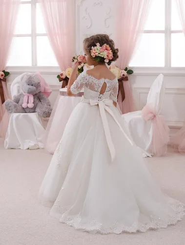 Vista 3 de Elegante vestido de primera comunión con cuentas de encaje para niña de flores de 2 a 12 años MARFIL (ALL IVORY)