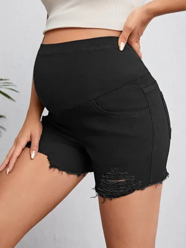 Vista 4 de Verdusa Pantalones cortos de mezclilla de maternidad para mujer, cintura alta, rasgados, dobladillo sin procesar, pantalones cortos de embarazo