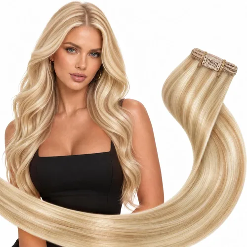 Vista 16 de Ve Sunny Extensiones de cabello humano real con clip balayage, color marrón castaño degradado a rubio, 12 pulgadas, 5 unidades, 2.82 onzas