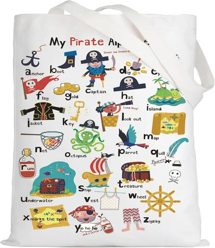 Vista 8 de LEVLO Pirate Life - Bolsa de lona con texto en inglés "Pirate Life", regalo inspirado en la cita de pirata, bolso de hombro con alfabeto A-Z