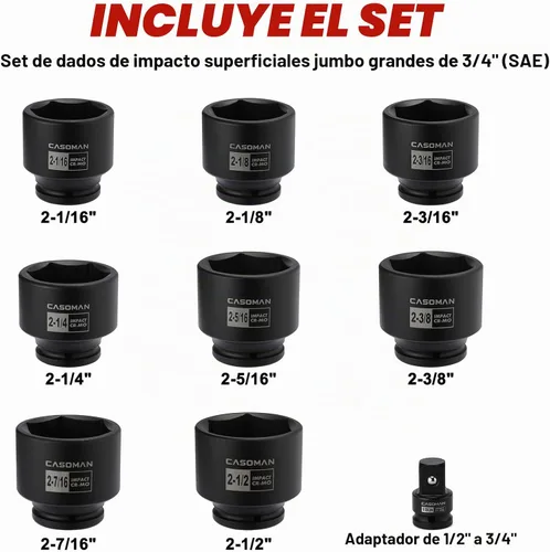 Vista 2 de CASOMAN 9 piezas 3/4" unidad de eje profundo tuerca de eje impacto enchufe set, incluye adaptador de 1/2" a 3/4", 6 puntos, CR-MO, 2-1/16" a 2-1/2