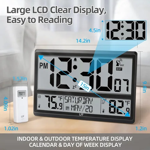 Vista 3 de Reloj atómico LFF de 4.5" con números, reloj de pared atómico que nunca necesita configuración, temperatura interior y exterior con sensor