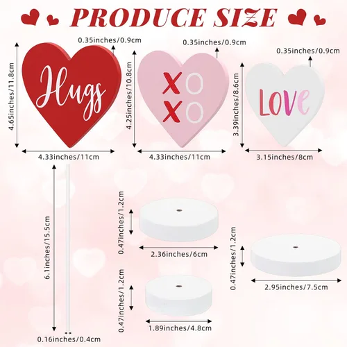 Vista 2 de 3 piezas de decoración de mesa de madera en forma de corazón para el día de San Valentín con base adornos de corazón para el día de San Valentín