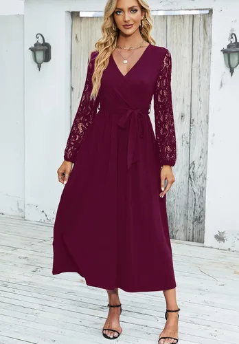 Vista 4 de Runwind Elegante vestido largo para mujer, cuello en V, encaje de manga larga, vestidos de dama de honor con cinturón
