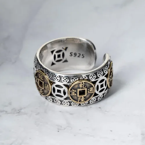 Vista 6 de Anillos de moneda de Feng Shui de plata de ley 925, anillo de dinero de la suerte para hombres y mujeres para atraer el éxito de la fortuna, Metal