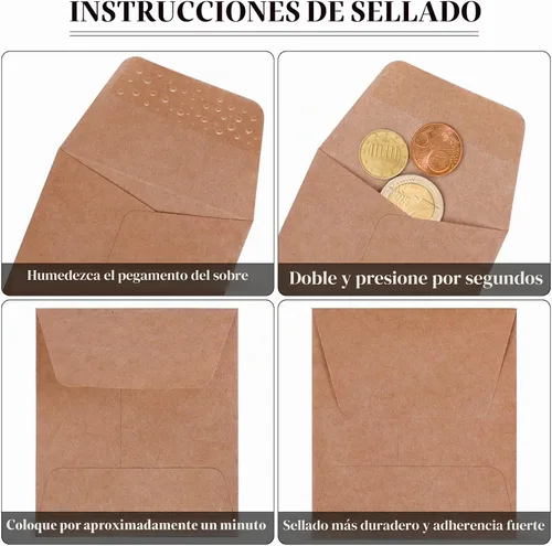 Vista 5 de Tuhangcc Paquete de 100 sobres para monedas pequeñas, sobres de semillas de papel de estraza autoadhesivos, resistentes, piezas pequeñas, sellos
