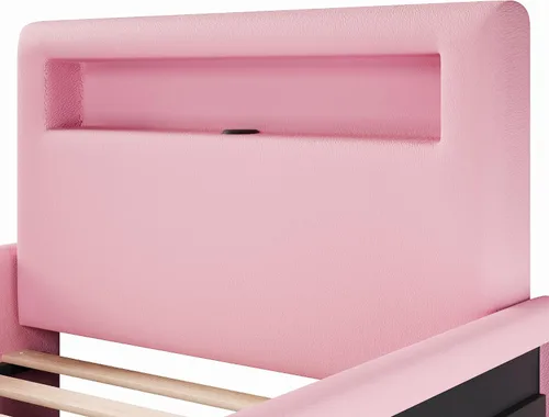 Vista 7 de Base de cama tapizada de tamaño individual con cajón de almacenamiento y cabecera de estante, cama suave de piel sintética con luz LED, carga USB