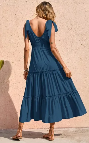 Vista 5 de Prettygarden Vestido largo de verano, con cuello cruzado, para mujer, sin mangas, escalonado, con tirantes fruncidos, para la playa, vestido largo
