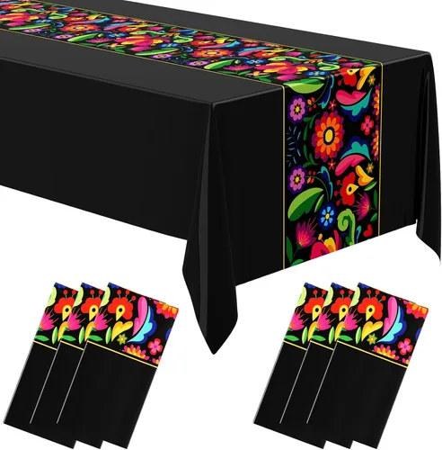 Vista 15 de Oudain 3 piezas de mantel de fiesta de 108 x 54 pulgadas, mantel de plástico mexicano impermeable, mantel desechable para noche de tacos, fiesta