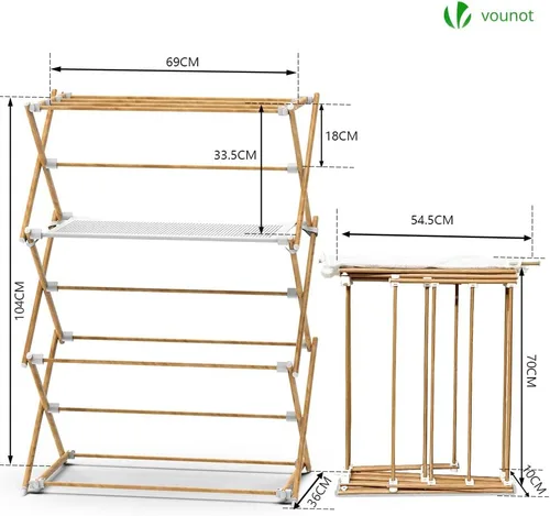 Vista 4 de VOUNOT Torre extensible plegable para ropa con 3 niveles de aspecto de madera de metal, 29.5 x 24.8 x 66.5 in