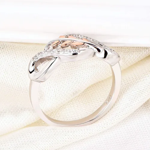 Vista 4 de JO WISDOM Anillo de plata de ley 925 con nudo infinito y hoja de oro rosa con circonita cúbica