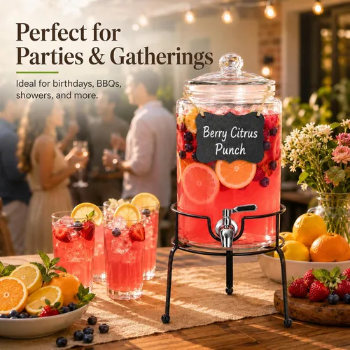Vista 6 de Dispensador de bebidas de 1 galón, 1 paquete, dispensador de bebidas de espita de acero inoxidable para fiestas con soporte, recipiente de vidrio