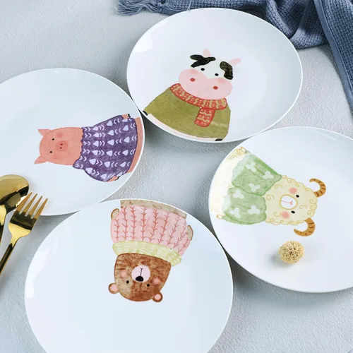 Vista 2 de Lindos platos de cena de cerámica con patrón de animales de dibujos animados, juego de 4 cerdos, ovejas, vaca, 8 pulgadas Cerdo Oso Oveja Vaca