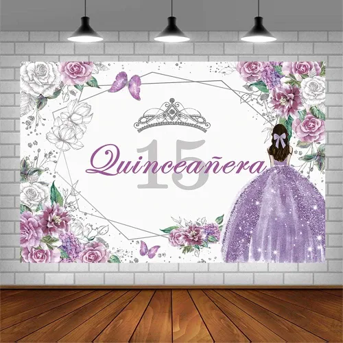 Vista 3 de SENDY Telón de fondo de quinceañera de 10 x 7 pies para decoración de fiesta de cumpleaños de 15 años para niña dulce Mis membrillo púrpura plata